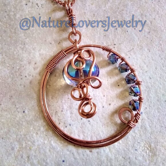 Handmade! Embellished Copper Circle Elemental Pendant + Chain! Flirty & Feminine - Picture 1 of 10